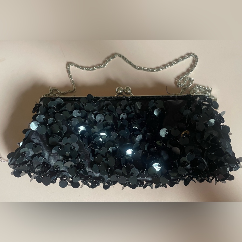 Vtg 50’s Black Beaded Sequin Clutch/ Shoulder Bag Removable Chain Strap